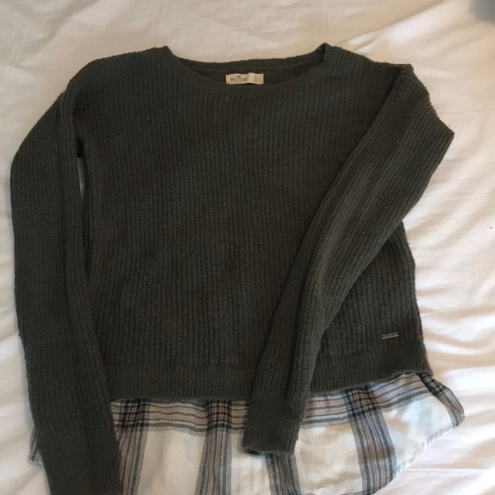 Army Green Sweater with Plaid Edging